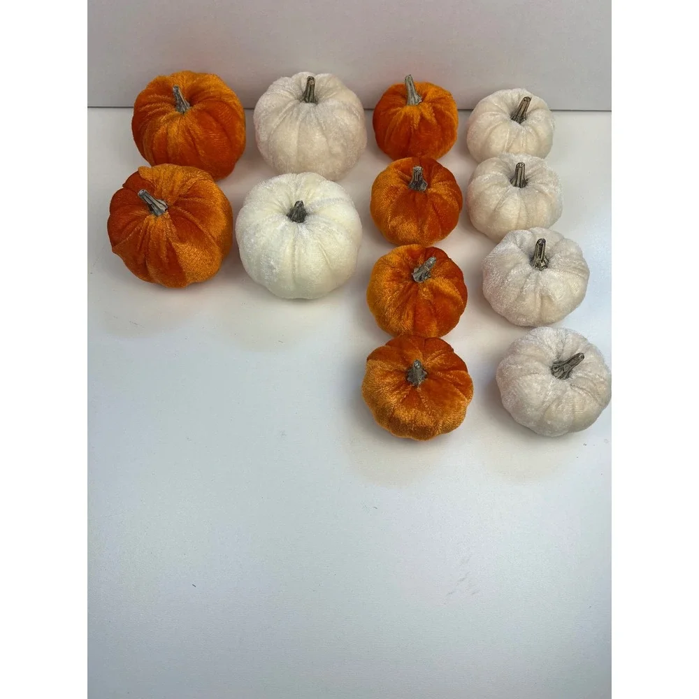 Set of 12 Velvet Pumpkins Fall Autumn Decor Orange White Miniature Faux Pumpkins